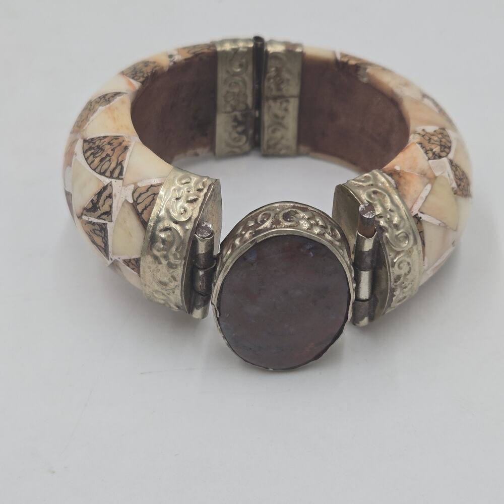 Vintage Bone & Brass Bracelet And Bangle Large Brown Agate Stone Tribal 7.5"